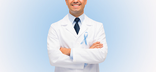 Image showing happy doctor with prostate cancer awareness ribbon