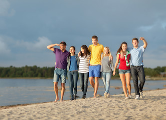 Image showing group of happy friends walking along beach