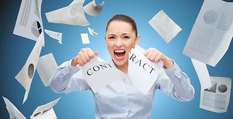 Image showing angry businesswoman tearing contract
