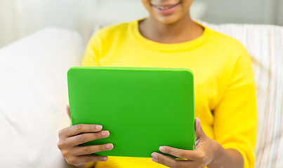 Image showing happy african american woman with tablet pc