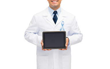 Image showing happy doctor with prostate cancer awareness ribbon