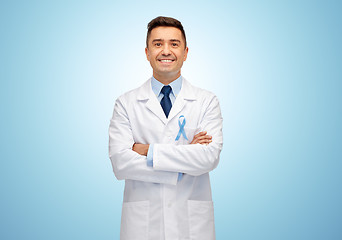 Image showing happy doctor with prostate cancer awareness ribbon