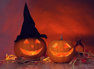 Image showing close up of pumpkins on table