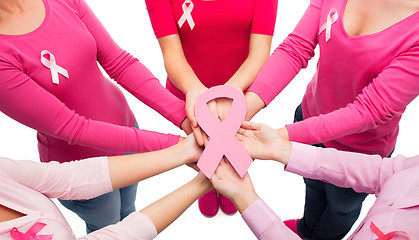 Image showing close up of women with cancer awareness ribbons