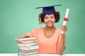 Image showing happy african bachelor girl with books and diploma