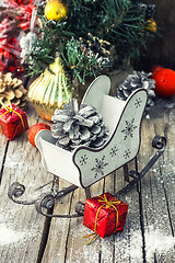 Image showing Christmas card with sleigh and ornaments