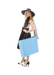 Image showing blond in retro hat with blue shopping bag #3