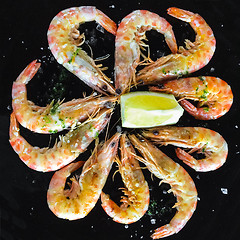 Image showing Grilled shrimps of black plate