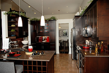 Image showing Gorgeous kitchen with dark wood finish.