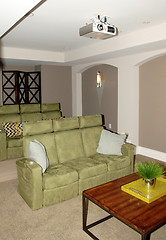 Image showing A home theater in the basement of a new house.