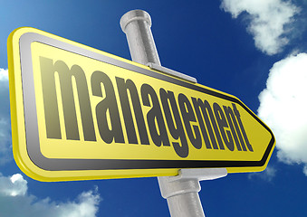 Image showing Yellow road sign with management word under blue sky