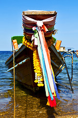 Image showing boat prow asia  the  bay  kho tao isle white  beach    rocks   