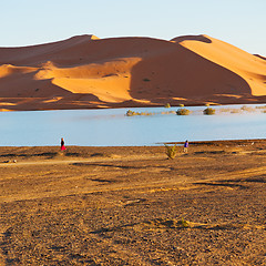 Image showing sunshine in the lake yellow  desert of morocco sand and     dune