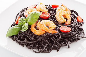 Image showing Black spaghetti with shrimps