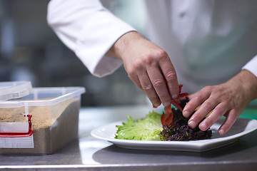 Image showing chef in hotel kitchen preparing and decorating food