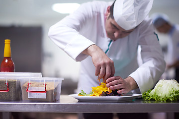 Image showing chef in hotel kitchen preparing and decorating food