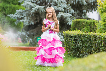 Image showing Girl princess stands on the lawn in the green garden