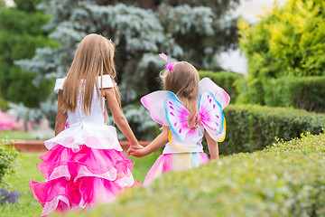 Image showing Two little girls, princess and fairy, walk hands in the garden