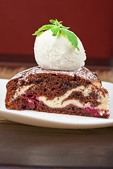 Image showing chocolate cake with jam ice cream