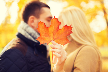 Image showing close up of couple kissing in autumn park