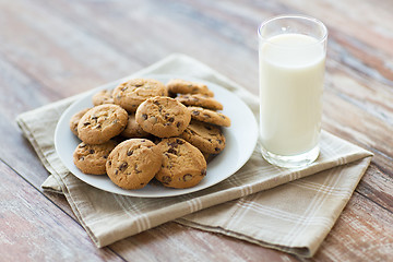 Image showing close up of chocolate oatmeal cookies and milk