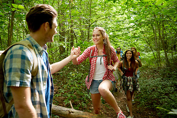 Image showing group of smiling friends with backpacks hiking