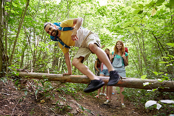 Image showing group of smiling friends with backpacks hiking