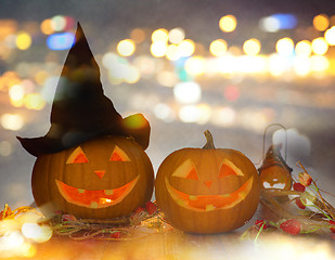 Image showing close up of carved halloween pumpkins on table