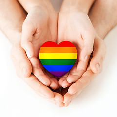 Image showing male and female hands holding rainbow heart