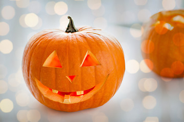 Image showing close up of carved halloween pumpkins on table