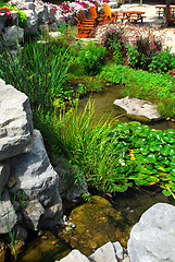 Image showing Patio and pond landscaping