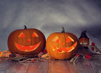 Image showing close up of pumpkins on table