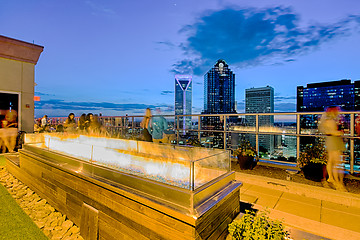 Image showing aerial view of charlotte city skyline at sunset