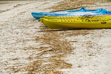 Image showing set of kayaks laying on sandy beach on sunny day