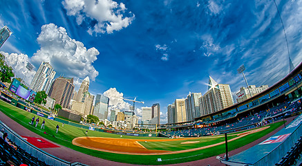 Image showing bbt baseball charlotte nc knights baseball stadium and city skyl