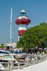 Image showing A clear blue sky features the Harbour Town Lighthouse - famous l