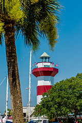 Image showing A clear blue sky features the Harbour Town Lighthouse - famous l