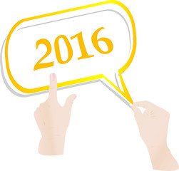 Image showing hand with abstract speech bubbles set on white Christmas background, 2016 new year concept