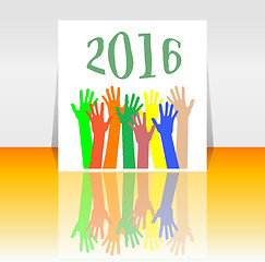 Image showing 2016 and people hands set symbol. The inscription 2016 in oriental style on abstract background