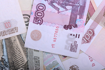 Image showing Russian money background. Rubles banknotes closeup texture