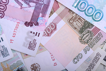 Image showing Russian money background. Rubles banknotes closeup texture