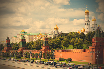 Image showing Moscow river, the ship and the Grand Kremlin Palace, Russia