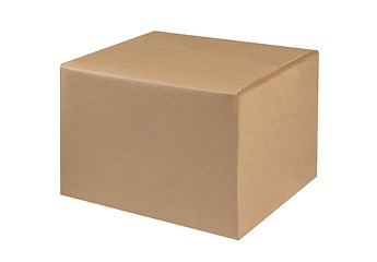 Image showing Closed cardboard box taped up and isolated on a white background.