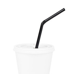 Image showing White paper cup and black drinking straw