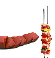 Image showing shish kebab on skewers and raw meat