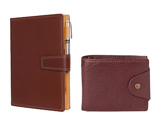 Image showing Leather notebook and pencil with wallet