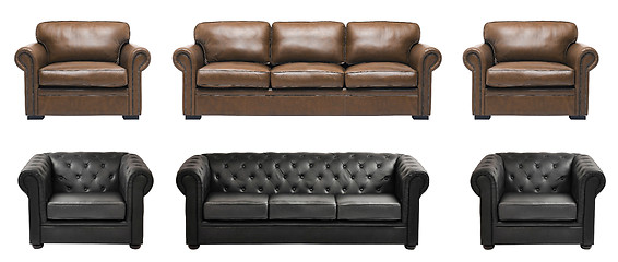 Image showing Nice and luxury leather sofa with armchairs