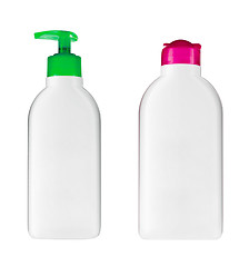 Image showing Plastic bottles with soap and shampoo