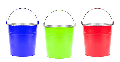 Image showing blue, green, red buckets isolated