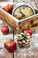 Image showing retro arrangement for Christmas with an old alarm clock